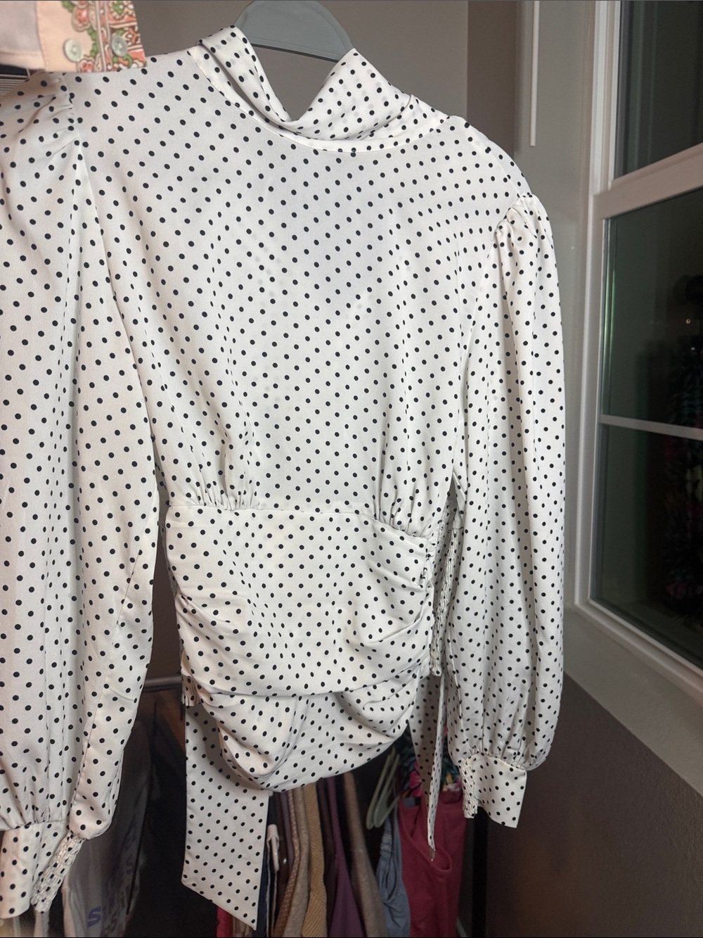 White House Black Market White and Black Polka Dot Puff-Sleeve Blouse